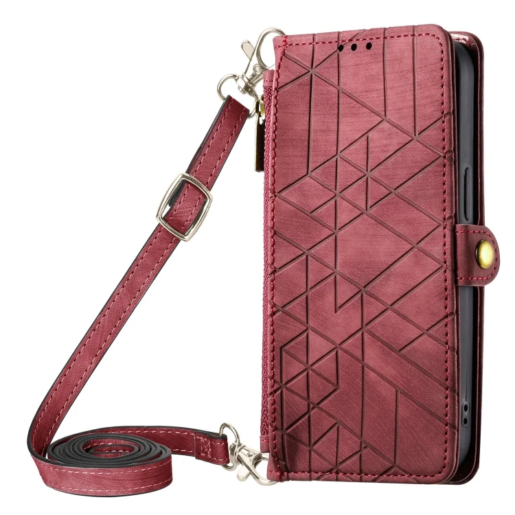 Geometric Zipper Wallet Side Buckle Leather Phone Case with Crossbody Lanyard, For iPhone 15, For iPhone 14 Plus, For iPhone 14