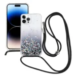 Gradient Glitter Epoxy TPU Thickened Acrylic Phone Case with Round Neck Lanyard, For iPhone 15 Pro Max, For iPhone 15 Pro, For iPhone 15 Plus, For  iPhone 15