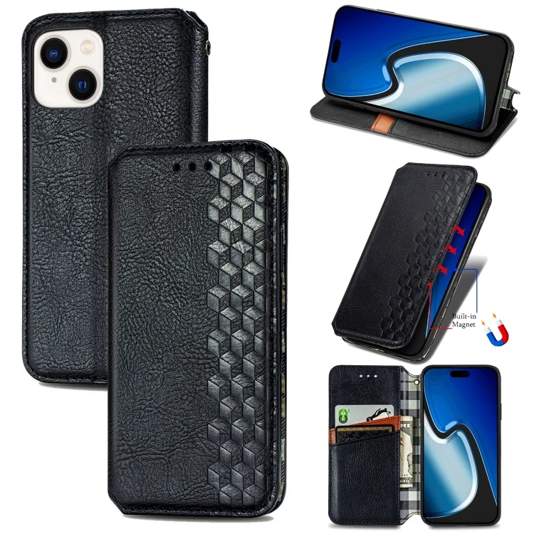 Cubic Grid Pressed Magnetic Leather Phone Case, For iPhone 15