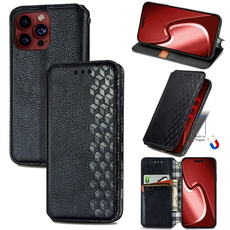 Cubic Grid Pressed Magnetic Leather Phone Case, For iPhone 15 Pro Max, For iPhone 15 Pro, For iPhone 15 Plus