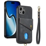 Retro Card Wallet Fold Leather Phone Case with Strap, For iPhone 15