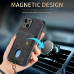 Retro Card Wallet Fold Leather Phone Case with Strap, For iPhone 15 - Image 8