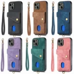 Retro Card Wallet Fold Leather Phone Case with Strap, For iPhone 15 - Image 2