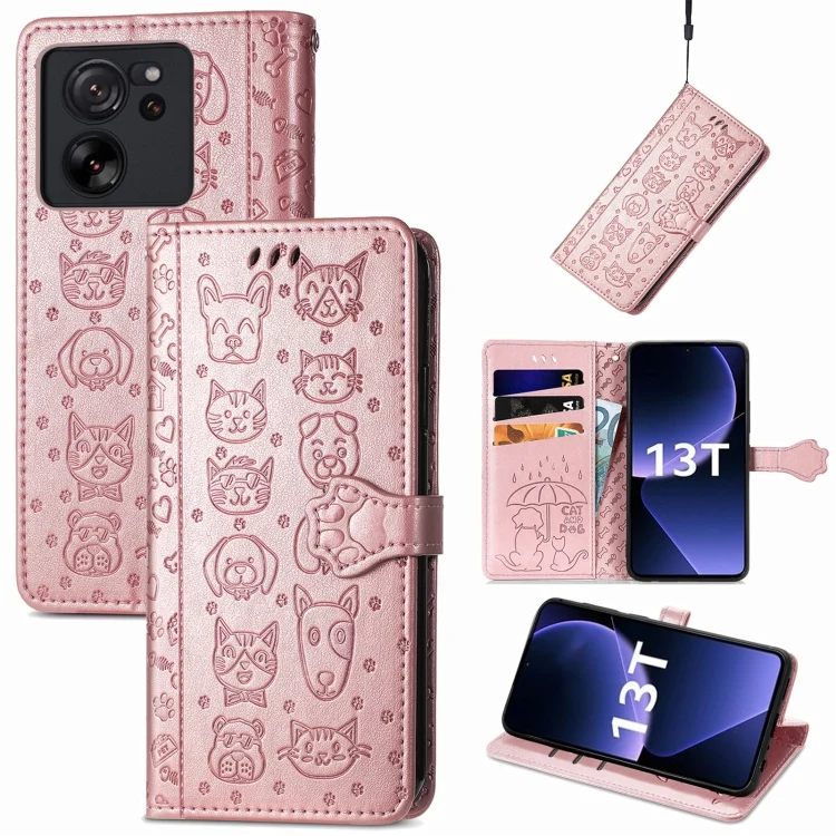 Cat and Dog Embossed Leather Phone Case, For Xiaomi 13T / 13T Pro