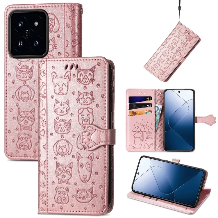 Cat and Dog Embossed Leather Phone Case, For Xiaomi 14, For Xiaomi Redmi Note 13