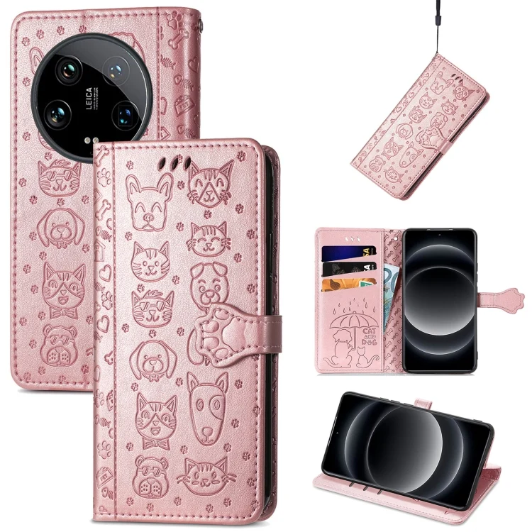 Cat and Dog Embossed Leather Phone Case, For Xiaomi 14 Ultra, For  Xiaomi 14 Pro