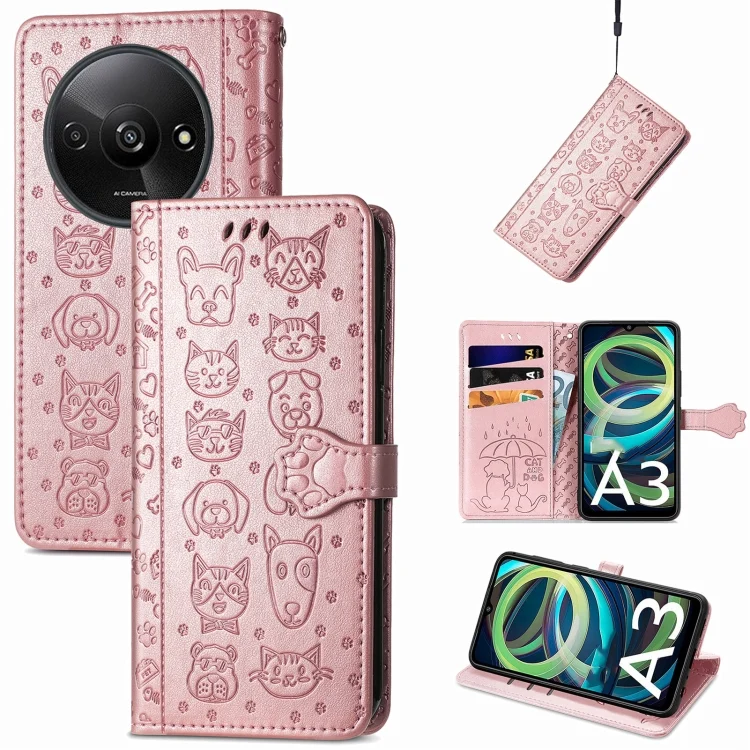 Cat and Dog Embossed Leather Phone Case, For Xiaomi Redmi A3, For Xiaomi Redmi K70E