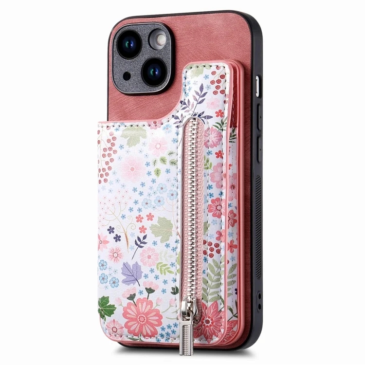 Retro Painted Zipper Wallet Back Phone Case, For iPhone 15, For iPhone 14 Plus, For iPhone 14