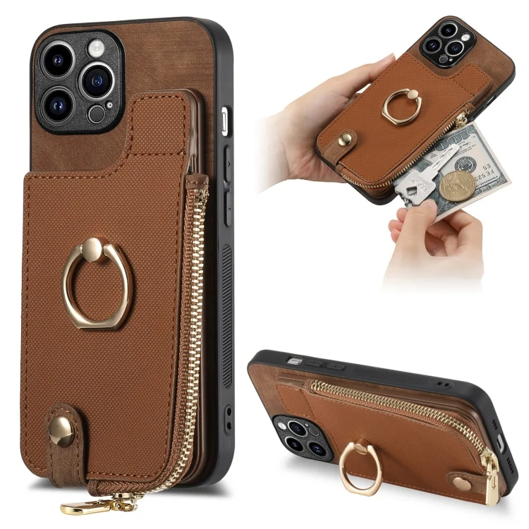 Cross Leather Ring Vertical Zipper Wallet Back Phone Case, For iPhone 14 Pro, For iPhone 14 Pro Max
