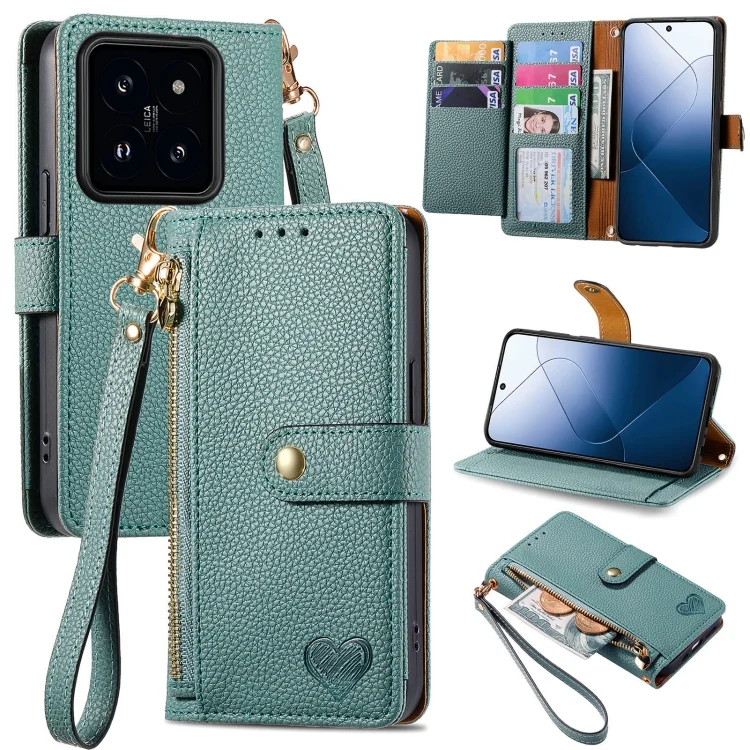 Love Zipper Lanyard Leather Phone Case, For Xiaomi 14 Pro, For Xiaomi 14, For Xiaomi Redmi 13C