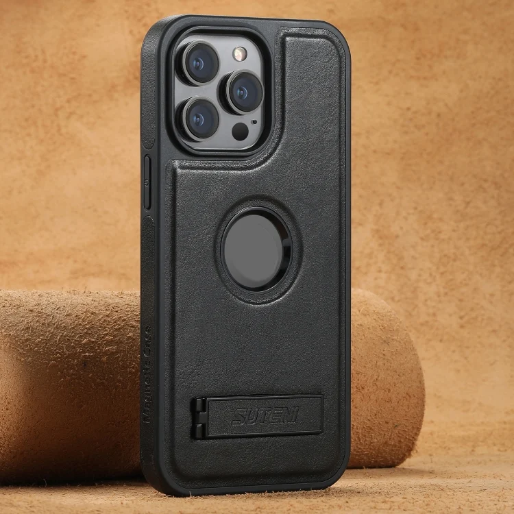 Suteni G2 Magsafe Oil Wax Leather Back Phone Case with Holder, For iPhone 16 Pro Max, For iPhone 16 Pro, For iPhone 16 Plus, For iPhone 16, For iPhone 15 Pro Max, For iPhone 15 Pro