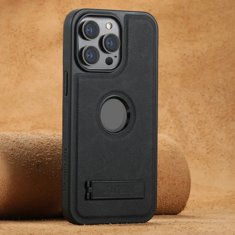 Suteni G2 Magsafe Litchi Texture Leather Back Phone Case with Holder, For iPhone 16 Pro Max, For iPhone 16 Pro, For iPhone 16 Plus, For iPhone 16, For iPhone 15 Pro Max, For iPhone 15 Pro