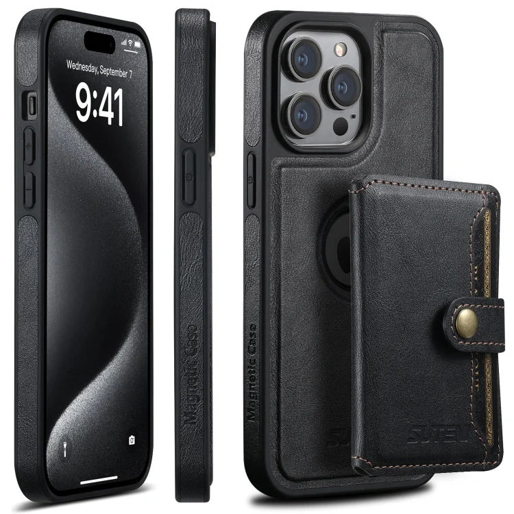 Suteni M1 Oil Wax MagSafe Detachable Horizontal Card Bag Phone Case, For iPhone 15 Pro, For iPhone 15 Plus, For iPhone 15, For iPhone 14 Plus, For iPhone 14