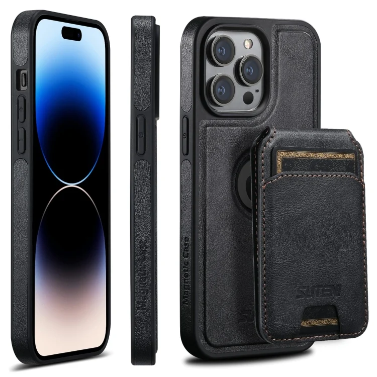 Suteni M2 Oil Wax MagSafe Horizontal Card Bag Phone Case, For iPhone 14 Pro, For iPhone 14 Pro Max, For iPhone 13 Pro Max, For iPhone 13 Pro, For iPhone 13