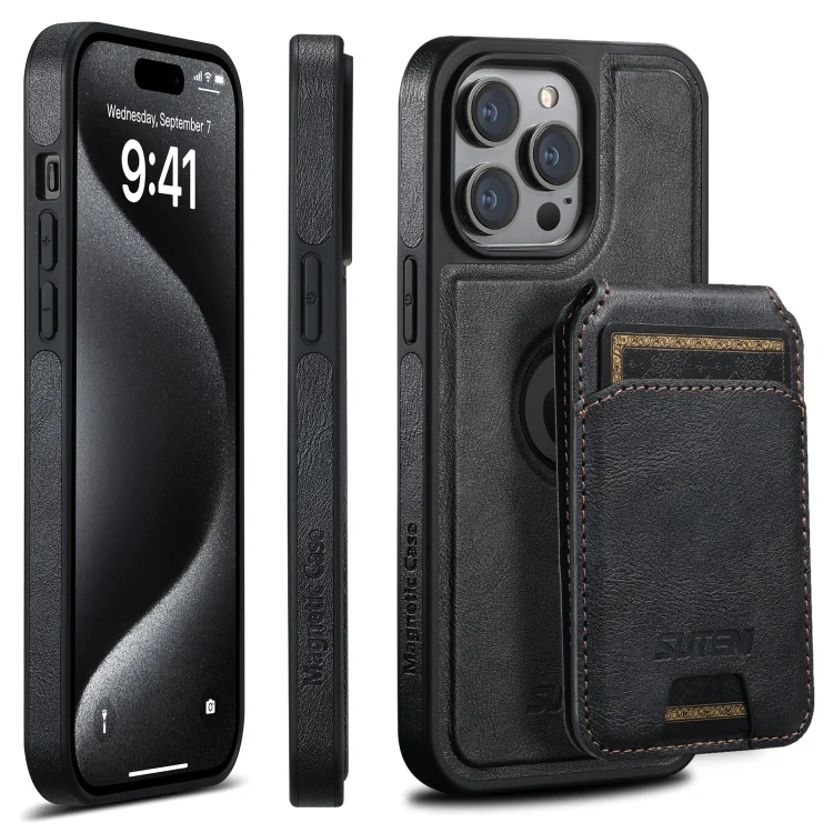 Suteni M2 Oil Wax MagSafe Horizontal Card Bag Phone Case, For iPhone 16 Pro Max, For iPhone 16 Pro, For iPhone 16 Plus, For iPhone 16, For iPhone 15 Pro Max