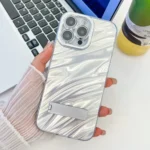 Plating Glitter Texture Fold Holder TPU Phone Case with Lens Film, For iPhone 14 Pro Max