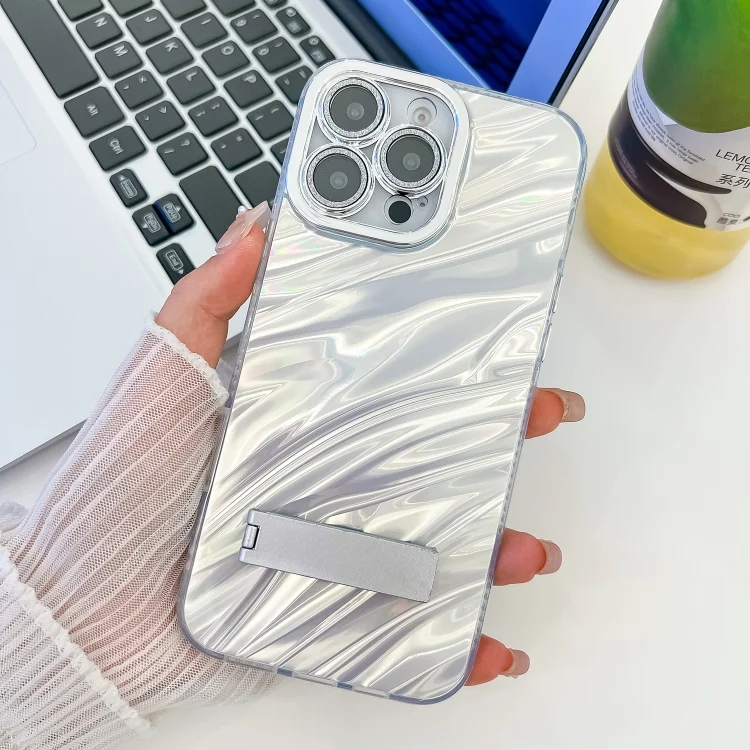 Plating Glitter Texture Fold Holder TPU Phone Case with Lens Film, For iPhone 13 Pro