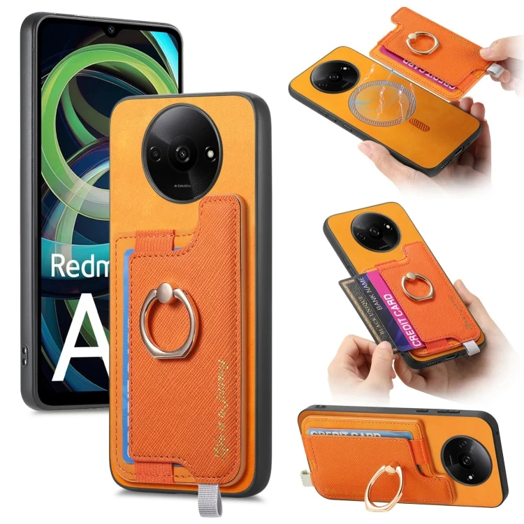 Retro Magsafe Cross Leather Ring Holder Card Bag Phone Case, For Xiaomi Redmi A3, For Xiaomi Redmi Note 13 4G
