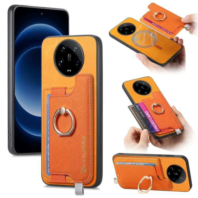 Retro Magsafe Cross Leather Ring Holder Card Bag Phone Case, For Xiaomi 14 Ultra, For Xiaomi 14 Pro 5G