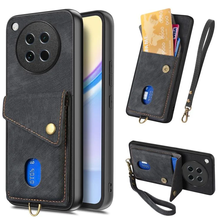 Retro Card Wallet Fold Leather Phone Case with Strap, For OPPO Find X8s, For OPPO Reno13 F