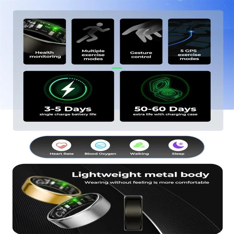 SYA0030269_B2.webp R100 SIZE 12 Smart Ring, Support Heart Rate / Blood Oxygen / Sleep Monitoring / Remote Photography - Image 3