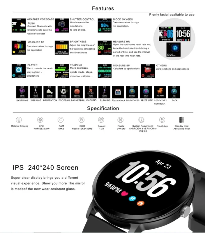 TBD057127601C_8.webp V11 Smartwatch Real-time Heart Rate Blood Pressure Monitor Multi-sport mode Breathing Light Smart Watch for Android IOS Phone - Image 9