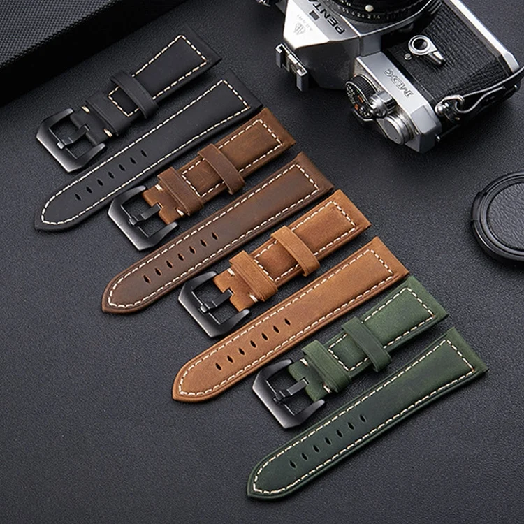 WA6606_B1.webp Crazy Horse Layer Frosted Black Buckle Watch Leather Watch Band, Size: 20mm - Image 2