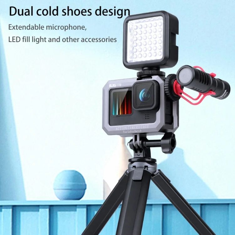 DCA1334SH_3.webp RUIGPRO for GoPro HERO10 Black / HERO9 Black Metal Border Frame Mount Protective Cage with Dual Cold Shoes Base - Image 4