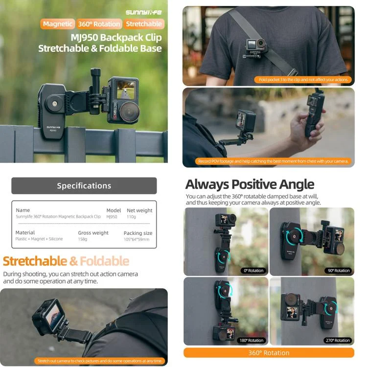 DCA2875B_2.webp Sunnylife Stretchable Backpack Clip Rotatable Magnetic Mount Action Camera Holder Vlog Mount - Image 3