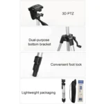 Live Broadcast Tripod 3-Section Folding Legs Aluminum Alloy Tripod Mount with U-Shape Three-Dimensional Tripod Head & Phone Clamp for DSLR & Digital Camera, Adjustable Height: 47.5-133cm - Image 7