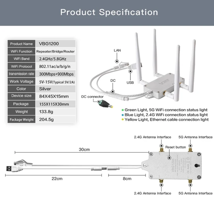 EDA0015344_7.webp VONETS VBG1200 300Mbps+900Mbps Dual Band Wireless Router Repeater WIFI Base Station with 4 Antennas - Image 8