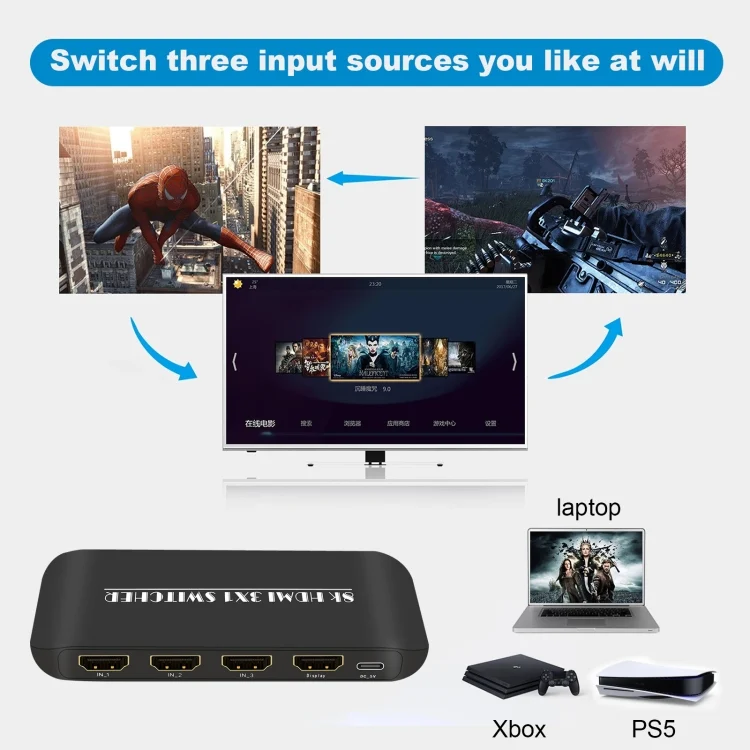 EDA0041708_2.webp NK-H31 8K 3 in 1 Out HDMI Switcher for Xbox PS4 PS5 Roku UHD TV Monitor Projector - Image 3