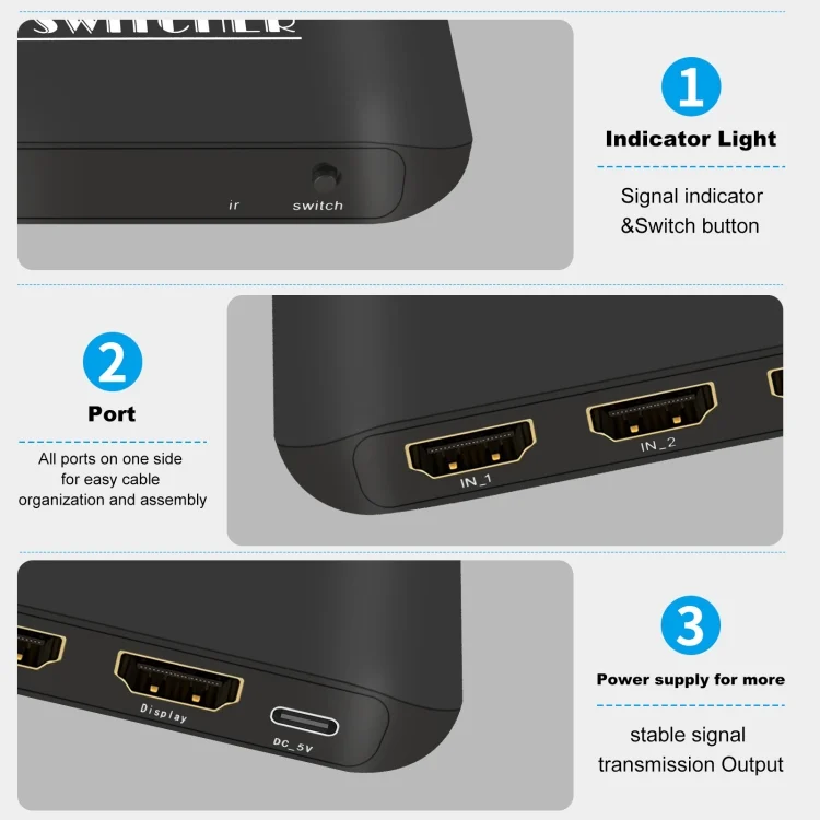 EDA0041708_4.webp NK-H31 8K 3 in 1 Out HDMI Switcher for Xbox PS4 PS5 Roku UHD TV Monitor Projector - Image 5