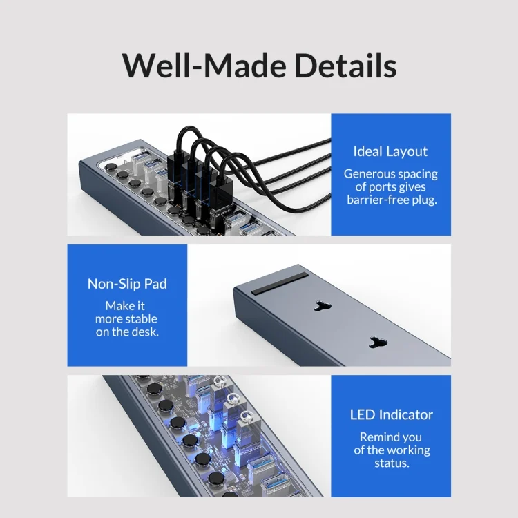 EDA0056882_B12.webp ORICO AT2U3-16AB-GY-BP 16 Ports USB 3.0 HUB with Individual Switches & Blue LED Indicator - Image 13