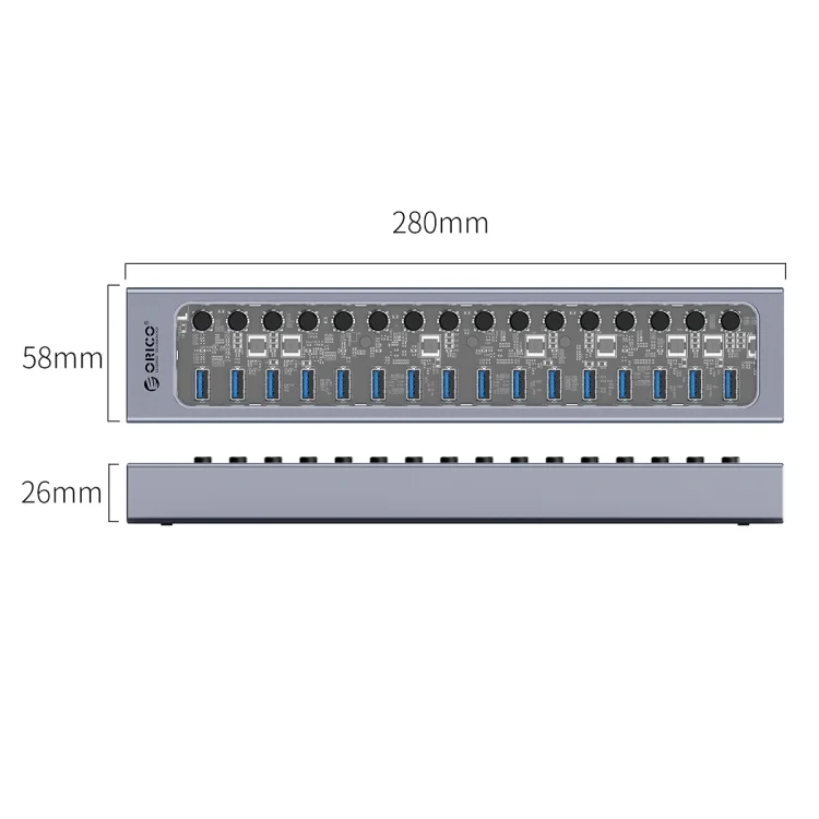 EDA0056882_B2.webp ORICO AT2U3-16AB-GY-BP 16 Ports USB 3.0 HUB with Individual Switches & Blue LED Indicator - Image 3