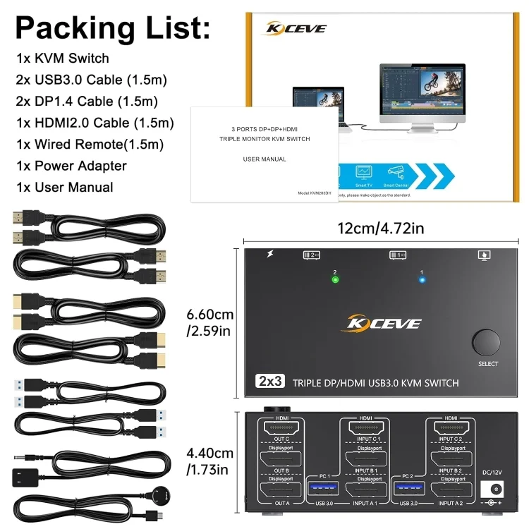 EDA0059209_B7.webp KC-KVM203DH 8K 30Hz USB3.0 DP+DP+HDMI Triple Monitors KVM Switch, EU Plug - Image 8