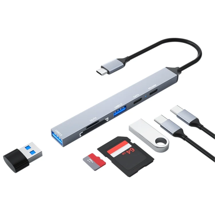 EDA006252201A.webp ADS-807 PD100 6 in 1 Type-C to PD100W + USB3.0 + USB2.0 + SD/TF HUB Docking Station - Image 1