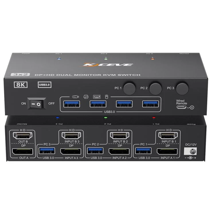 KCEVE KC-KVM302DH 8K 60Hz HDMI and DP and USB3.0 Dual Monitor KVM Switch