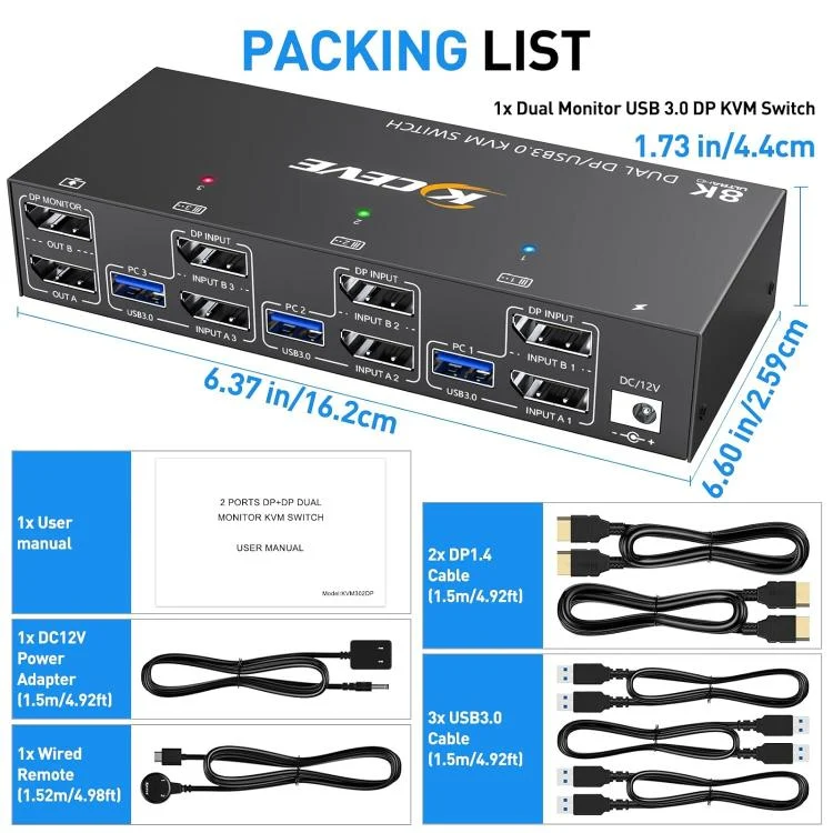 EDA008465301_7.webp KCEVE KC-KVM302DP USB 3.0 Dual Monitor 8K 30Hz KVM Switch - Image 8