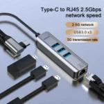 USB -C / Type-C Elbow to RJ45 and 3 x USB-A Aluminum Alloy Shell HUB Adapter Expander - Image 2