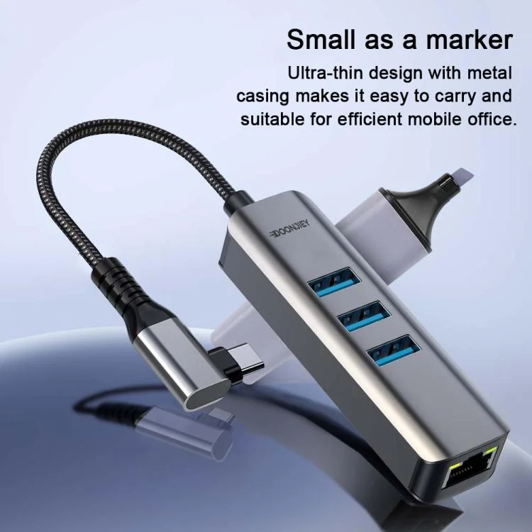 EDA008524401A_2.webp USB -C / Type-C Elbow to RJ45 and 3 x USB-A Aluminum Alloy Shell HUB Adapter Expander - Image 3