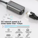 USB -C / Type-C Elbow to RJ45 Aluminum Alloy Shell Ethernet HUB Adapter - Image 3