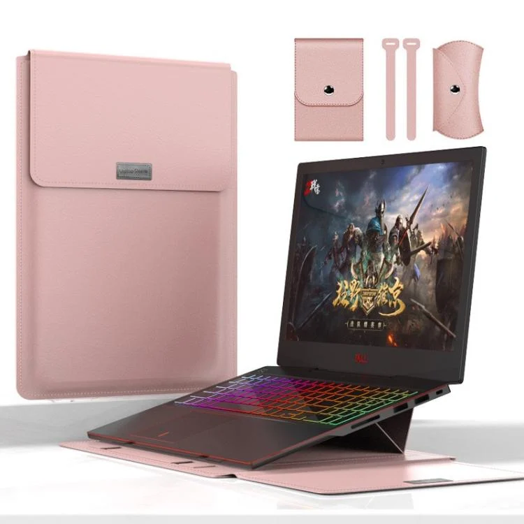 4 in 1 Universal Waterproof PU Leather Laptop Liner Bag with Handle & Stand & Pen Holder + 2 Winders + Mouse Bag + Charger Bag Set for 13 / 14 inch Laptops