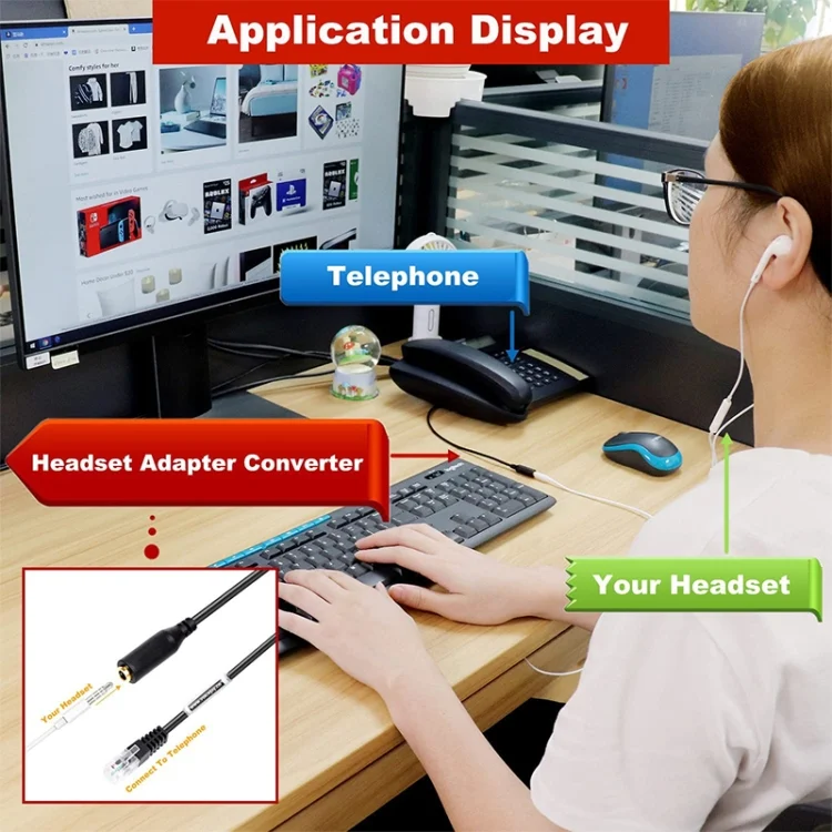 PC0185B_4.webp 3.5mm Jack to RJ9 PC / Mobile Phones Headset to Office Phone Adapter Convertor Cable, Length: 32cm - Image 5