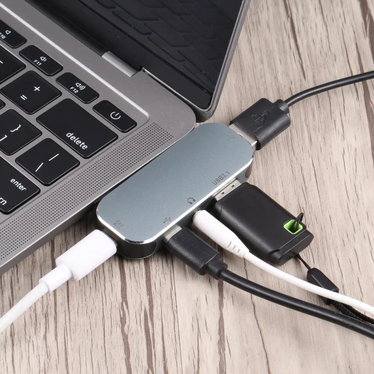 PC1928_3.webp 5 in 1 USB-C / Type-C Male to Dual USB-C / Type-C + 3.5mm AUX + USB 3.1 + USB Female Adapter - Image 4
