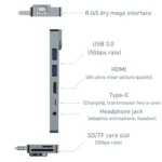 Rocketek SHL731 8 in 1 60W PD / RJ45 / 4K HDMI / USB 3.0 HUB Adapter for Surface Pro 3 / 4 / GO - Image 7