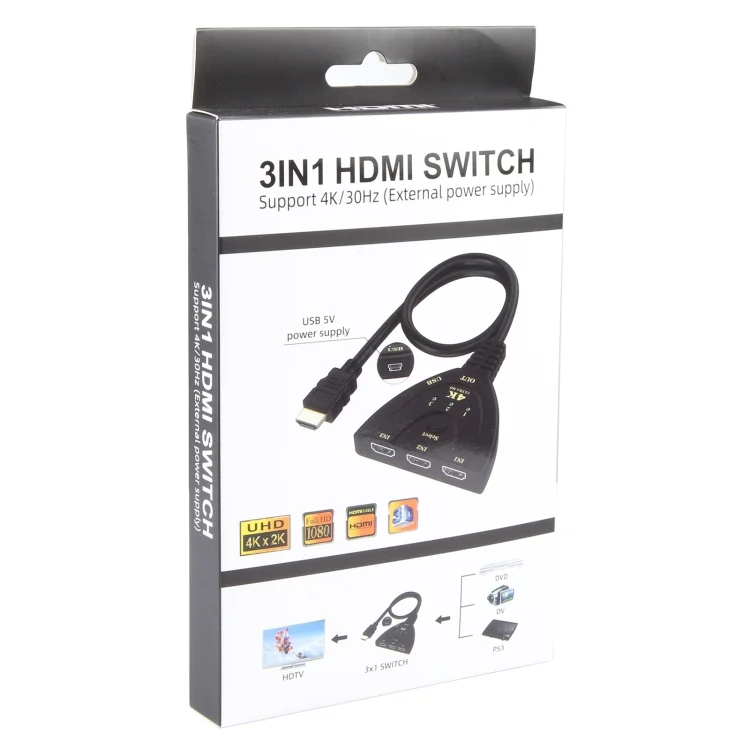PC2521_3.webp 3 x 1 4K 30Hz HDMI Switcher with Pigtail HDMI Cable, Support External Power Supply - Image 4