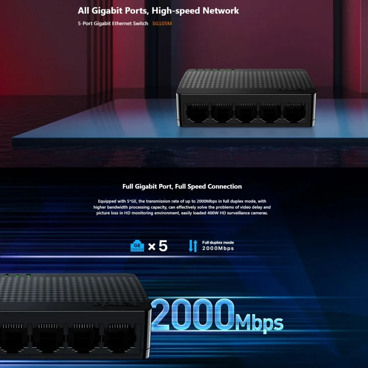 PC2595_4.webp Tenda SG105M All Gigabit Ports High-speed Network 5-Port Ethernet Switch 1000Mbps Fast LAN HUB - Image 5