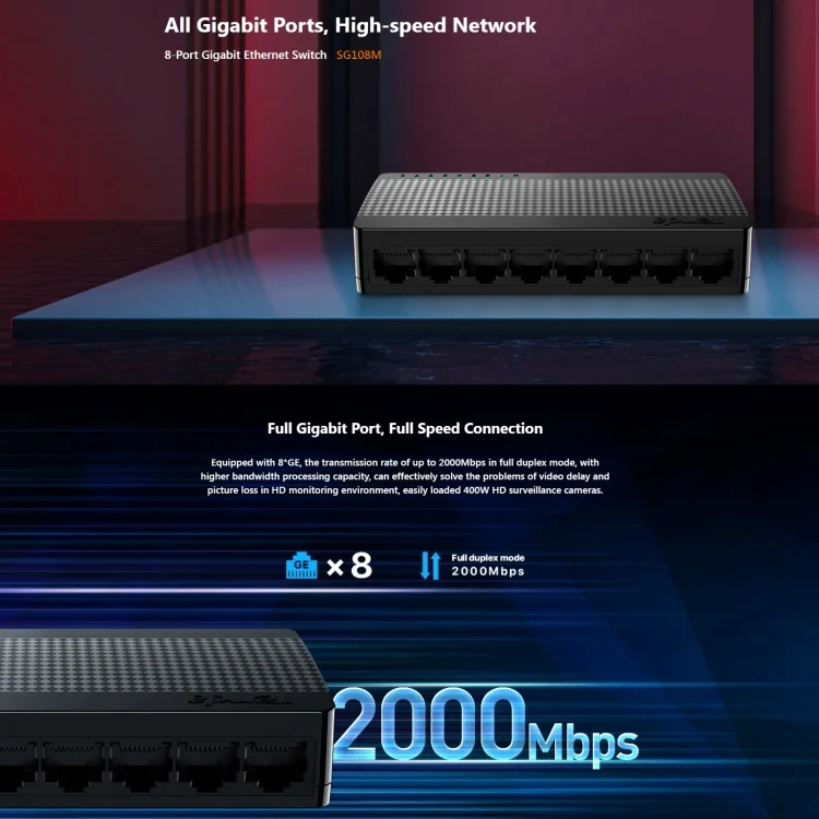 PC2596_3.webp Tenda SG108M All Gigabit Ports High-speed Network 8-Port Ethernet Switch 1000Mbps Fast LAN HUB - Image 4