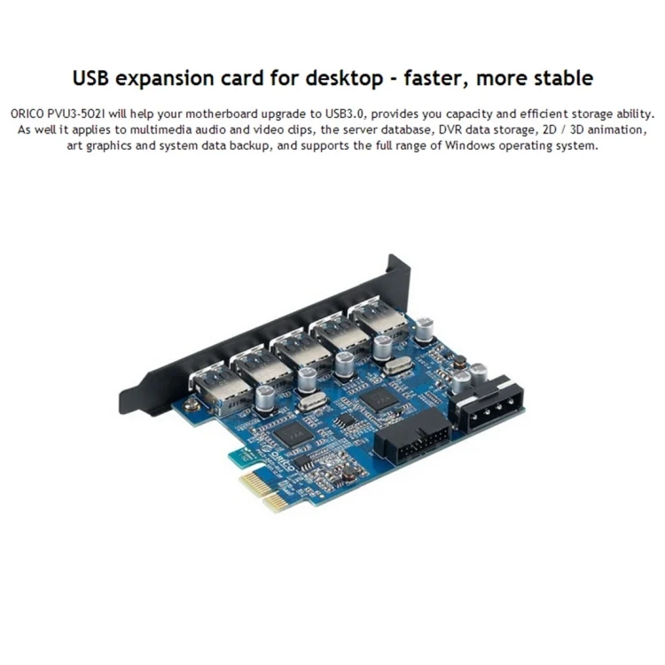 PC3022B_4.webp ORICO PVU3-5O2I USB3.0 * 5 + 20Pin Slot * 1 PCI Express Card for Desktop, 5Gbps Superspeed Data Transmission - Image 5
